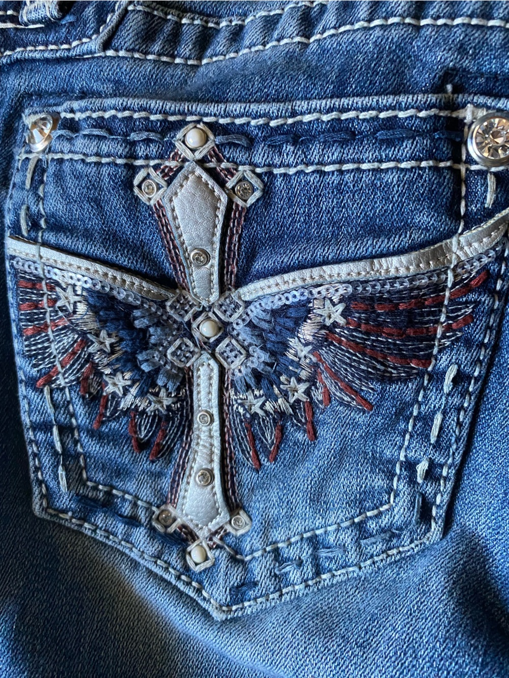 Miss Me Jeans Womens 25 Low Mid Rise Flare American Flag Cross Embellished - Picture 7 of 8